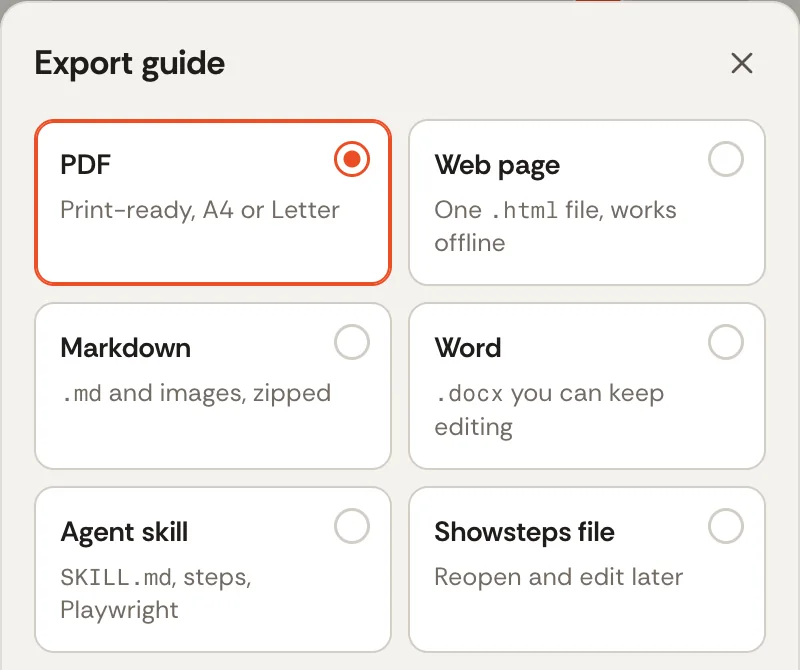 The export sheet with six formats: PDF, web page, Markdown, Word, agent skill and a Showsteps file.