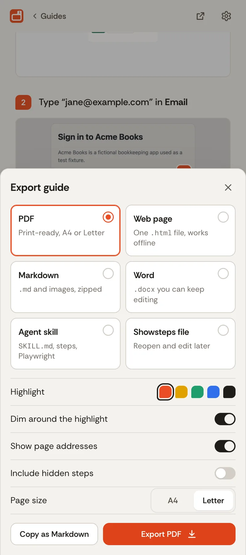 The Showsteps export sheet with formats including the agent skill.