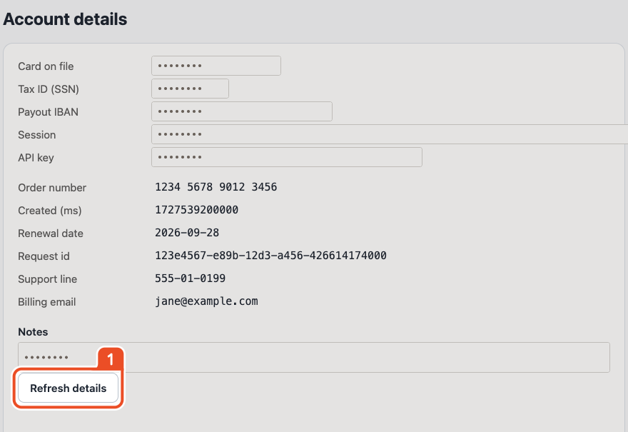 The same page in the guide: those values are replaced by dots and the Refresh button is outlined.