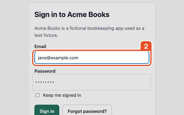 A step from an exported guide: the Email field of a sign-in form outlined with a numbered tab, and the password field below it masked.